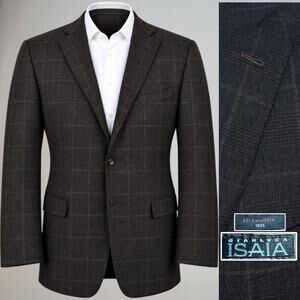 Gianluca Isaia Super 150s Plaid Sport Coat 44L Charcoal Espresso Brown 3/2 Roll